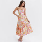 Summer Blue Midi Floral Print Holiday Dress Elegant Spaghetti Strap Full Skirt Go Out Party Dresses Women Dress