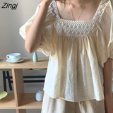 Women Square Collar Lady Popular All-match Loose Solid Crops Summer Lovely Girls High Street Chic Puff Sleeve Causal