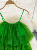 Cascading Ruffle Mesh Spaghetti Strap Mini Dress Women Purple/Green/Pink Sleeveless A-Line Vacation Beach Vestidos