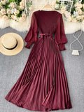 Women Pleated Long Dress Female Elegant Lantern Long Sleeve High Waist Red/Purple Draped Maxi Vestidos Spring Autumn