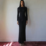 2025 New Women's Pure Color Temperament Elegant Long-Sleeved Decorative Buckle Tied Dress