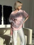 Eogen Yarn Folded Spliced T-Shirt Women Fashion In Wind Collar Loose Cotton