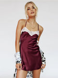 Women Sexy Lace Trim Slip Dress Satin Low Cut Spaghetti Strap Sleeveless Open Back Cami Mini Dress Party