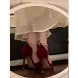 Women 2025 Summer New Wine Red Pointed Engagement Wedding Shoes Thin Heel With Pearl Chain