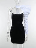 Party Mini Dress Elegant Bandage One Shoulder Lantern Sleeve Patchwork Backless Sexy Night Bodycon Clubwear Dress