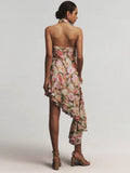 New Sexy Shoulder Hanging Neck Print Dress In The Long Dress Irregular Lotus Leaf Side Temperament Dress