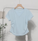 Recommended For The Summer V-Neck Front Shoulder Short-Sleeved T-Shirt For Girls Slimming Hottie Drawstring Irregular Top