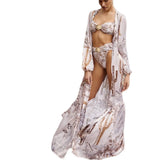 2025 New Retro Print Bra High-Waisted Bikini Long-Sleeved Mesh Jar Jersey Cardigan Three-Piece Set Of Split