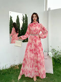 Light Luxury Temperament Dress Female High-End Feel Strapped Waist Three-Dimensional Flower Lantern Sleeve Print