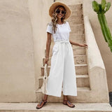 New Women's Summer Loose Waist Solid Cotton Belt Broad Leg Pants Loose Nine-Point Trousers