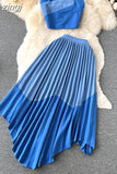 Women Sexy Pleated Two Piece Set Vacation Beach Hit Color Strapless Tops Camis + High Waist Irregular Draped Skirt