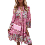 Women's Clothing 2025 Spring And Summer New Sen Series Large Size Women's Dress V-Neck Print Horn Sleeve