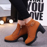 High Heel Single Boots Belt Buckle Women's Shoes Thick Heel Short Boots Round Head Martin Boots Women's Lace And Bare Boots