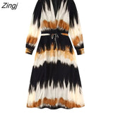 Women Vintage Patchwork Tie Dye Printing Casual Slim Midi Dress Female Chic V Neck Elastic Waist Lace Up Vestidos