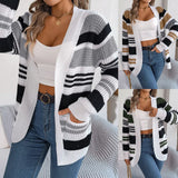 Shooting 2025 Autumn And Winter Casual Crash Striped Pocket Long-Sleeved Sweater Cardigan Coat Women's