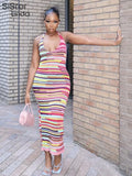 Colorful Striped Maxi Dress Women Sleeveless Halter Low Chest Backless Vacation Robe Ladies Party Clubwear