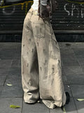 Water Wash Retro To Do Old Work Clothes High-Waist Jeans Babes BF Wind Straight Loose Leisure