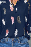 Feather Print Blouse Chiffon Shirts Women Long Sleeve Tops Autumn V-Neck Causal Loose 5XL Clothes Blusa Mujer