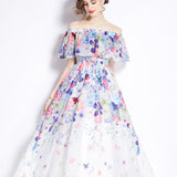 Shoulder Lotus Leaf-Side Dress Women's Dress 2025 Summer New Waist-Skinny Temperament Super Fairy Crumped Flower Vacation