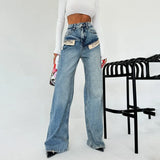 New Cool Trend Splicing Jeans Women High Waist Thin Classic Design Straight Broad
