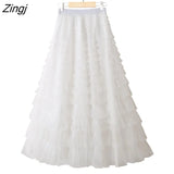 Tulle Long Skirts Womens Spring Summer Korean Style Solid High Waist A-Line Tutu Skirt Female Mesh Pleated Maxi