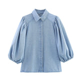 Women's Clothing Explosion Fashion Cowboy POLO Collar Sleeve Shirt + Trousers