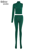 Casual Street 2 Piece Set Women Long Sleeve One Shoulder Skinny Tops+Body-Shaping Foot Pants Female Matching