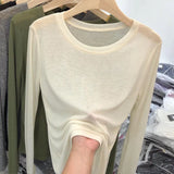 Zingj Round Neck Long-Sleeved T-Shirt Sunscreen Women's Spring 2024 New Korean Version Slim Solid Bottom Top