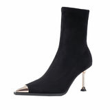 High-Heeling Short Boots Women 2025 Autumn And Winter New Black Metal Head Fine And Elastic Velvet Face Thin Socks