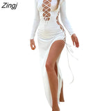 Women Fashion Spring Autumn Solid Color Round Neck Long Sleeve Long Dress Cross Tie-Up Cutout High Split Party