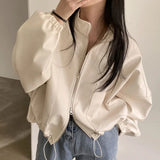 Zingj Wind Chic Autumn Niche Handsome Stand Collar Zipper Large Pocket Design Draw Rope Tie Motorcycle Leather Coat