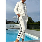 Autumn And Winter New Women's Pure Color Round Neck Long Sleeves With Splicing Trousers Set