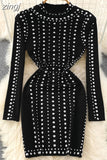 Winter Women Black Rivet Bodycon Dress Vintage Stand Collar Long Sleeve Slim Retro Mini Vestidos Female Sheath Robe