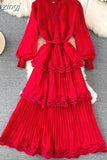 Autumn Women Lace Long Dress Vintage Round Neck Lantern Sleeve High Waist Cascading Ruffle Pleated Party Maxi