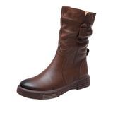 Martin Boots New Autumn And Winter Flat Bottom Mid-Sleet Boots Head Cowhedal Cowhed Vintage Round Head Knight Single