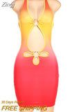Gradient Color Halter Hollow Out Mini Dresses Women Sexy V-neck Sleeveless Bodycon Dress Autumn 2023 Party