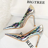 Shoes New Patent Leather Woman Pumps Metal Stone Pattern High Heels Designer Women Heels Stiletto Female Pumps Size