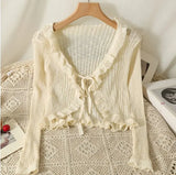 Ruffles Cardigan Slim Women Casual Transparent Sweater Shirts Lady Thin Solid Coats Female Crop