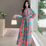 Women's Autumn Dress French Bubble Sleeves Long Heavy Industry Pressure Folds High-Grade Chiffon Floral Fall-In-Action