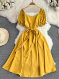 Vintage Women Lace Patchwork Midi Dress Elegant Square Collar Short Puff Sleeve Big Swing Casual Vestidos Female 2023