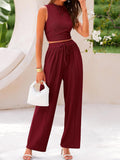 Summer Knitting Casual Suit Sleeveless Round Collar Short Repair Body Broad Leg Pants Two