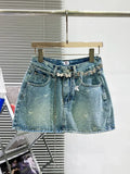 Denim Bow Polka Dot Printed Butterfly Chain Mini Skirt- Outfit
