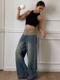 Splicing Retro Leopard-Print Broad-Legged Pants Jeans Women's Niche To Make Old Loose Breathable Straight