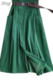 Women Elegant Chic Split Midi Skirt Autumn Winter Solid Elastic High Waist Casual Office Lady A Line Long