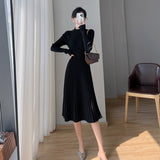 Winter New Knitting Sweater Women Midi Pleated Dress Elegant Casual Long Sleeve Female
