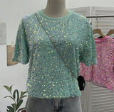 Sequin Short Sleeve T-Shirt 2025 Spring And Summer Korean Version Of Loose Night Club Bling Top