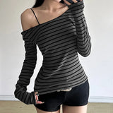 Cloth Forgets The Oblique Shoulder Stripes Thin Slim Long-Sleeved T-Shirt Sexy Bare Shoulders Simple Thin Casual