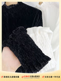 Zingj Designer Early Spring Bottom Shirt Advanced Golden Velvet High Collar Pleated Long Sleeve With Bubble Sleeve