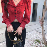 Shirts Women Notched Cropped Puff Sleeve Lace Tops Charming Elegant Temperament Mujer Single Breasted Ins Trendy