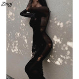 Mesh Transparent Midi Dresses Women Slim Round Collar Ladies Outfits Long Sleeve Fashion Elegant Female Stitching